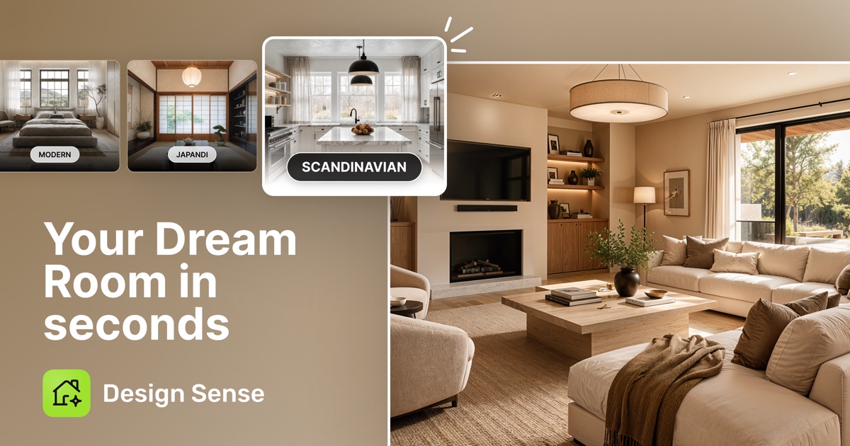Screenshot of Design Sense AI, Turn any room photo into a photorealistic redesign in seconds